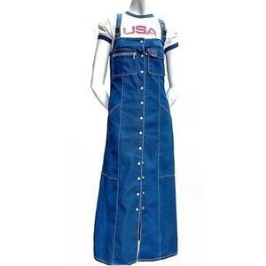 Tommy Hilfiger (XS) Y2K Denim Maxi Dress Button Pockets Preppy **NOTE